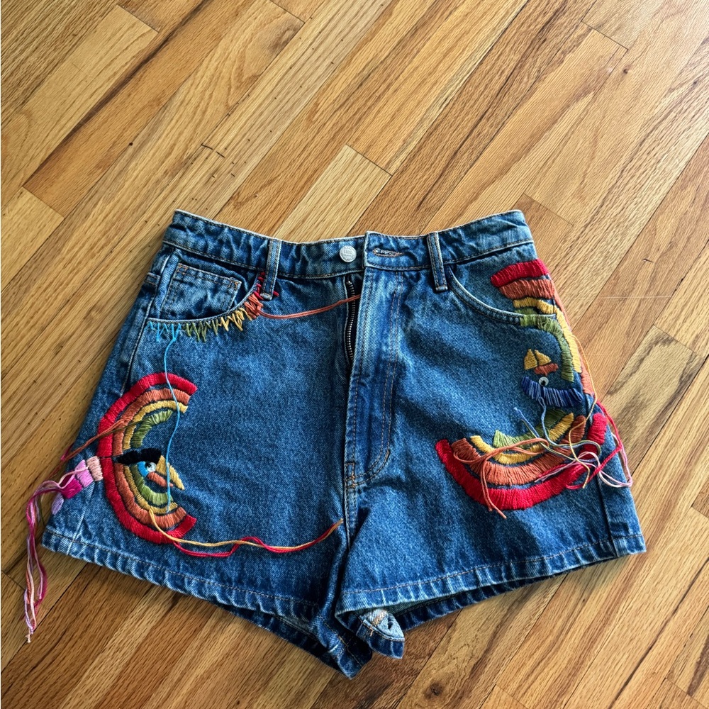 FARM Rio Blue Denim Shorts with Rainbow Embroidery
